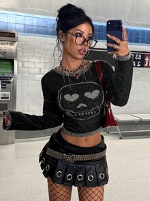 StreetHx Women's Autumn/Winter Skull Asymmetrical Gradient Design Slim Fit Long Sleeve Streetwear Y2K Hot Girl Versatile Knit Sweater - Black - View 4