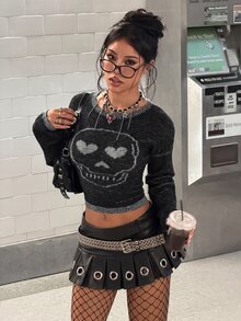 StreetHx Women's Autumn/Winter Skull Asymmetrical Gradient Design Slim Fit Long Sleeve Streetwear Y2K Hot Girl Versatile Knit Sweater - Black - View 7
