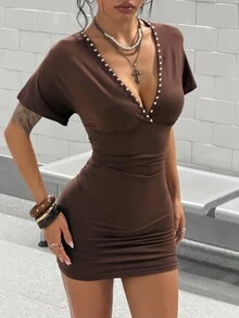 SHEIN Jeanoir Vestido sexy de estilo callejero con tachuelas y fruncido para mujeres - Gris - Ver 4