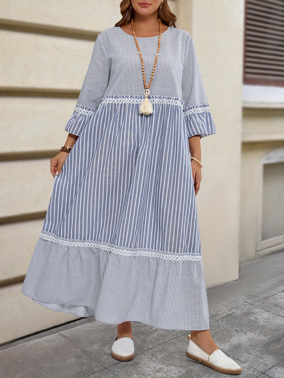 Plus Size Women's Blue And White Striped Round Neck Flared Sleeve Ruffle Hem Loose Casual Dress,Summer Boho Vacation Holiday Beach Sundress Outfits