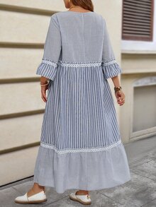 EMERY ROSE 大尺碼女款藍白條紋圓領喇叭袖荷葉邊下擺寬鬆休閒優雅洋裝，秋季波希米亞風度假節日海灘陽光裙 - 藏蓝色 - 查看 5