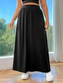 SHEIN EZwear 加大碼黑色針織長裙 - 黑色 - 查看 7