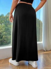 SHEIN EZwear 加大碼黑色針織長裙 - 黑色 - 查看 3