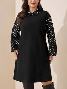 Comfylo 大尺碼女款秋冬格紋拼接袖領長袖休閒洋裝，感恩節穿搭，假日派對秋季洋裝 - 黑色 - 查看 3