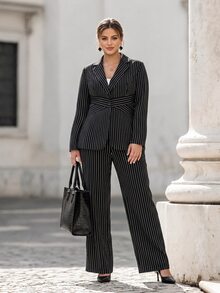 Chikora Plus Size Elegant Business Casual Button Striped Long Sleeve Jacket And Pants Suit Set Office Formal Black Summer - Black and White - View 4