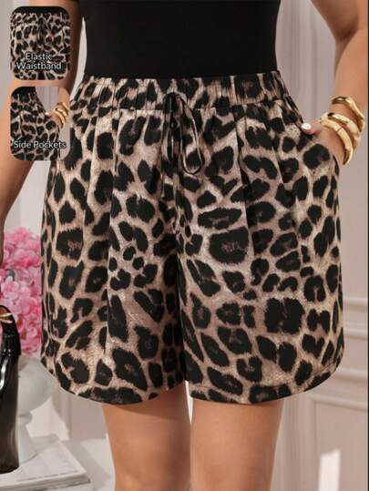 Miaspire Plus Size Women Summer Leopard Print Shorts With Pockets, Elegant Casual Holiday Style, Boho Beach Vacation, Western Festival Wear