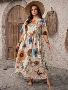 EMERY ROSE Short Sleeve Country Vintage Vacation Style Cut-Out Waist Double Pocket Long Dress Plus Size Spring Summer - Multicolor - View 7