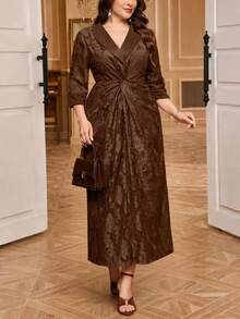 Reflora Plus Size Elegant Party Jacquard Twist Knot Dress Fall - Brown - View 1