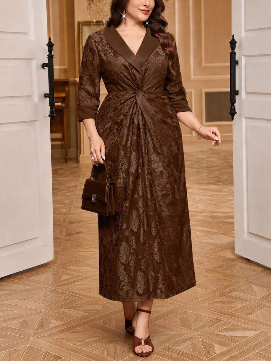 Reflora Plus Size Elegant Party Jacquard Twist Knot Dress Fall - Brown - View 1