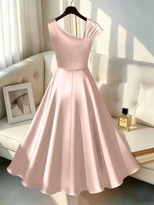 GlowEve CURVE Plus Size Elegant Solid Color Asymmetric Collar Dress, Summer Fall - Dusty Pink - View 2