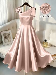 GlowEve CURVE Plus Size Elegant Solid Color Asymmetric Collar Dress, Summer Fall - Dusty Pink - View 6