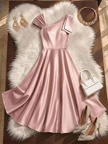 GlowEve CURVE Plus Size Elegant Solid Color Asymmetric Collar Dress, Summer Fall - Dusty Pink - View 3