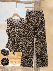 GlowEve CURVE Plus Size Women's Leopard Print Sleeveless Top & Pleated Straight Leg Pants 2 Pieces Set,Beige,Autumn,Elegant,Holiday Fashion Commuting Work Outfits - Multicolor - View 8