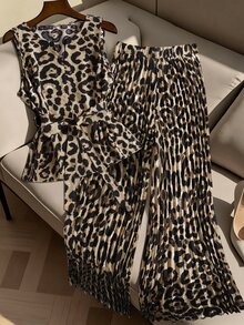 GlowEve CURVE Plus Size Women's Leopard Print Sleeveless Top & Pleated Straight Leg Pants 2 Pieces Set,Beige,Autumn,Elegant,Holiday Fashion Commuting Work Outfits - Multicolor - View 1