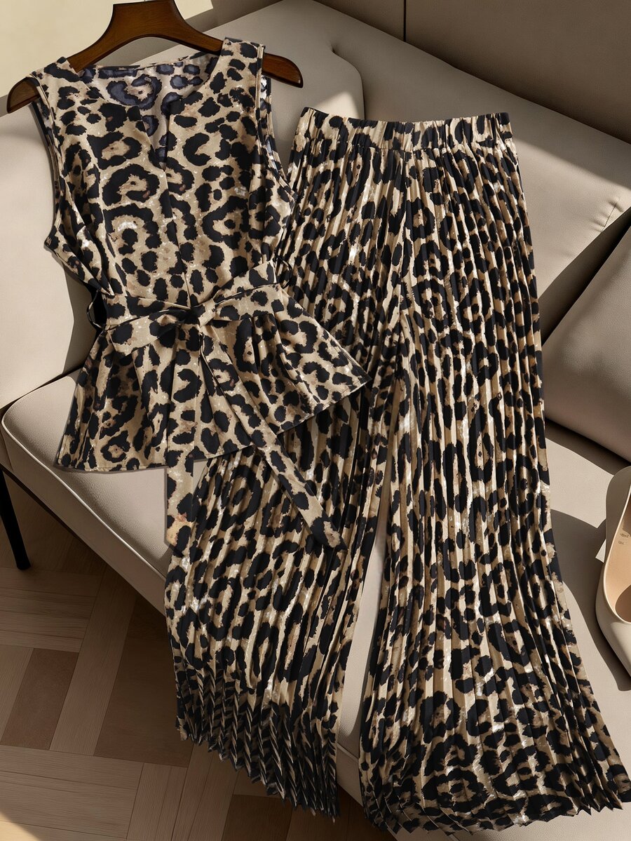 GlowEve CURVE Plus Size Women's Leopard Print Sleeveless Top & Pleated Straight Leg Pants 2 Pieces Set,Beige,Autumn,Elegant,Holiday Fashion Commuting Work Outfits - Multicolor - View 1