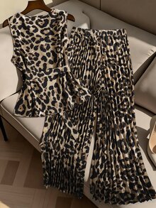 GlowEve CURVE Plus Size Women's Leopard Print Sleeveless Top & Pleated Straight Leg Pants 2 Pieces Set,Beige,Autumn,Elegant,Holiday Fashion Commuting Work Outfits - Multicolor - View 2