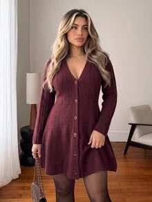 Vionelle Plus Button Front Sweater Dress - Burgundy - View 5