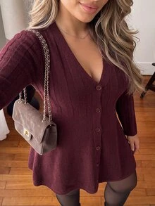 Vionelle Plus Button Front Sweater Dress - Burgundy - View 3