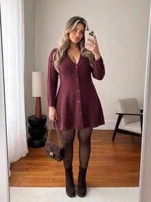 Vionelle Plus Button Front Sweater Dress - Burgundy - View 4