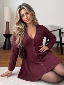 Vionelle Plus Button Front Sweater Dress - Burgundy - View 6