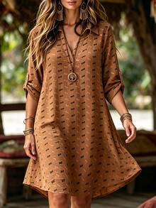 SHEIN LUNE Plus Size Women French Casual Boho Vintage Elegant V-Neck Ice Silk Ruched Two-Tone Dress Vacation Dark Green Summer - Orange - View 3