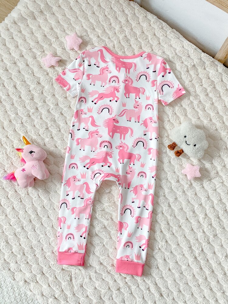 3pcs Random 1pc Summer Baby Girl Sweet Cute Cartoon Dreamy Unicorn Rainbow Polka Dot Colorblock Double Zipper Romper Short Sleeve Long Pants Soft Comfortable Tight Fit Loungewear - Multicolor - View 2