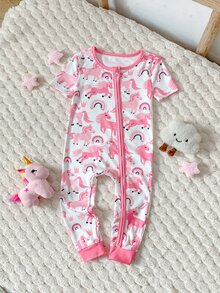 3件組隨機 1件 夏季女嬰甜美可愛卡通夢幻獨角獸彩虹波點拼接雙拉鍊連身衣 短袖長褲 柔軟舒適貼身居家服 - 彩色 - 查看 3