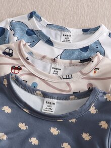 SHEIN Vintaside Kids 6pcs Baby Boy Blue & Khaki Car & Elephant Print Long Sleeve Pajama Set Autumn/Winter - Multicolor - View 7