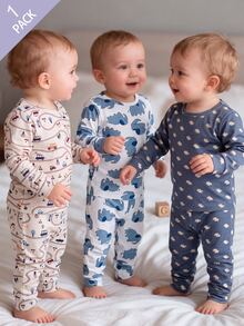 SHEIN Vintaside Kids 6pcs Baby Boy Blue & Khaki Car & Elephant Print Long Sleeve Pajama Set Autumn/Winter - Multicolor - View 4