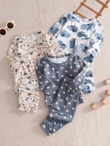 SHEIN Vintaside Kids 6pcs Baby Boy Blue & Khaki Car & Elephant Print Long Sleeve Pajama Set Autumn/Winter - Multicolor - View 2