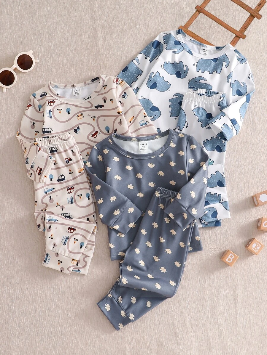 SHEIN Vintaside Kids 6pcs Baby Boy Blue & Khaki Car & Elephant Print Long Sleeve Pajama Set Autumn/Winter