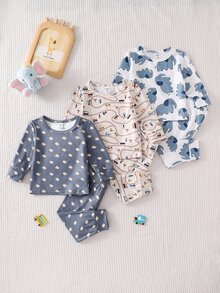 SHEIN Vintaside Kids 6pcs Baby Boy Blue & Khaki Car & Elephant Print Long Sleeve Pajama Set Autumn/Winter - Multicolor - View 5