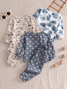 SHEIN Vintaside Kids 6pcs Baby Boy Blue & Khaki Car & Elephant Print Long Sleeve Pajama Set Autumn/Winter - Multicolor - View 3