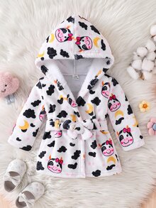 SHEIN 新生兒嬰兒牛紋連帽珊瑚絨秋冬浴袍，中性嬰兒可愛滿版印花繫腰毛絨吸水居家睡衣 - 彩色 - 查看 4