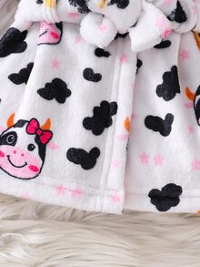 SHEIN 新生兒嬰兒牛紋連帽珊瑚絨秋冬浴袍，中性嬰兒可愛滿版印花繫腰毛絨吸水居家睡衣 - 彩色 - 查看 8