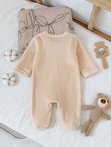 SHEIN 秋冬新生兒居家連身衣，可愛小狗大象無尾熊刺繡，杏色單面水晶絨休閒極簡長袖 - 彩色 - 查看 3