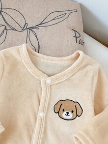 SHEIN 秋冬新生兒居家連身衣，可愛小狗大象無尾熊刺繡，杏色單面水晶絨休閒極簡長袖 - 彩色 - 查看 7