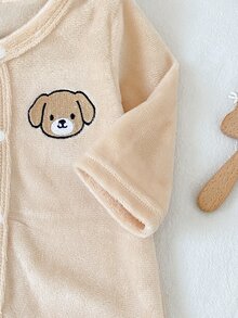 SHEIN 秋冬新生兒居家連身衣，可愛小狗大象無尾熊刺繡，杏色單面水晶絨休閒極簡長袖 - 彩色 - 查看 8