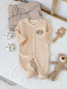 SHEIN 秋冬新生兒居家連身衣，可愛小狗大象無尾熊刺繡，杏色單面水晶絨休閒極簡長袖 - 彩色 - 查看 5