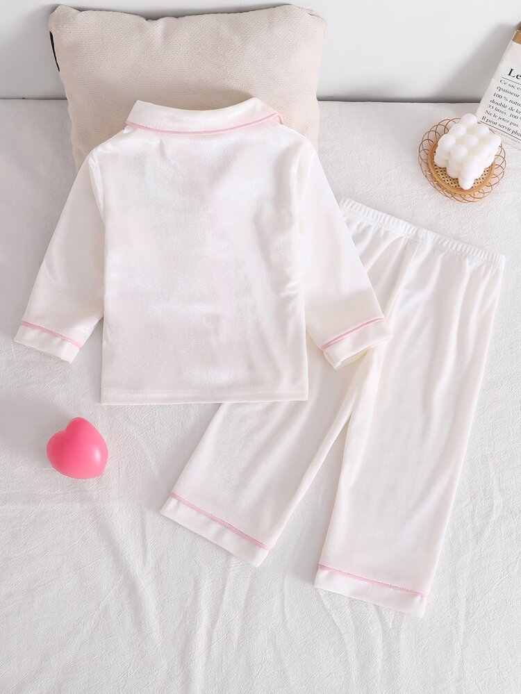 Piyama Bayi Perempuan 2 Potong Elegan dengan Kerah Lapel, Lengan Panjang & Celana Panjang, Warna Gading dan Merah Muda, Bordir Hati, Bahan Terry Lembut, Cocok untuk Liburan Musim Gugur/Dingin di Rumah. - Putih - View 2