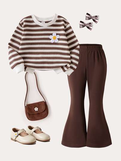 SHEIN Genkimix Kids YOUNG Girs 2pcs Autumn Cute Brown Striped Long Sleeve T-Shirt Top And Daisy Floral Flare Pants Casual Matching Outfit Sets Fall Clothing