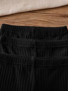 SHEIN Vintaside Kids 3件組女嬰羅紋針織緊身褲 可愛甜美公主風 黑色荷葉邊波浪下擺 常規款 生日派對 秋季 萬聖節 聖誕節 彈性修身 - 黑色 - 查看 4