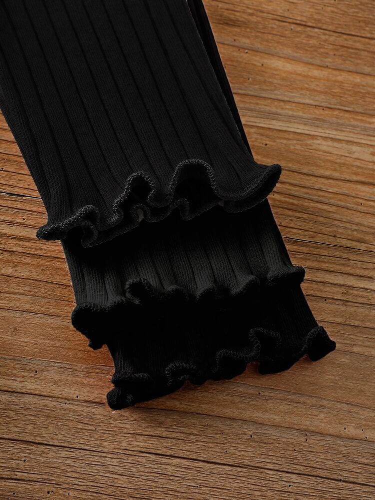 SHEIN Vintaside Kids 3pcs Baby Girls Ribbed Knit Leggings Sweet Cute Solid Black Lettuce Trim Frill Hem Regular Birthday Party Fall Halloween Autumn Princess Full Length - Black - View 6
