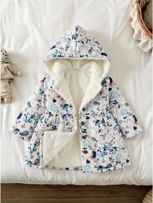 SHEIN 女嬰冬季花卉連帽加厚外套，時尚百搭清新藍色與粉色碎花，柔軟舒適，抓絨內裡，咖啡色鈕扣設計，簡約精緻，適合日常穿著與外出，溫柔百搭，秋冬時尚 - 彩色 - 查看 10