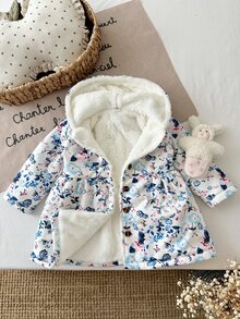 SHEIN 女嬰冬季花卉連帽加厚外套，時尚百搭清新藍色與粉色碎花，柔軟舒適，抓絨內裡，咖啡色鈕扣設計，簡約精緻，適合日常穿著與外出，溫柔百搭，秋冬時尚 - 彩色 - 查看 4