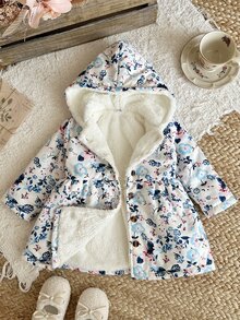 SHEIN 女嬰冬季花卉連帽加厚外套，時尚百搭清新藍色與粉色碎花，柔軟舒適，抓絨內裡，咖啡色鈕扣設計，簡約精緻，適合日常穿著與外出，溫柔百搭，秋冬時尚 - 彩色 - 查看 9