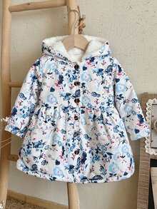 SHEIN 女嬰冬季花卉連帽加厚外套，時尚百搭清新藍色與粉色碎花，柔軟舒適，抓絨內裡，咖啡色鈕扣設計，簡約精緻，適合日常穿著與外出，溫柔百搭，秋冬時尚 - 彩色 - 查看 8