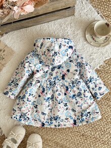 SHEIN 女嬰冬季花卉連帽加厚外套，時尚百搭清新藍色與粉色碎花，柔軟舒適，抓絨內裡，咖啡色鈕扣設計，簡約精緻，適合日常穿著與外出，溫柔百搭，秋冬時尚 - 彩色 - 查看 2