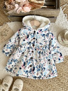 SHEIN 女嬰冬季花卉連帽加厚外套，時尚百搭清新藍色與粉色碎花，柔軟舒適，抓絨內裡，咖啡色鈕扣設計，簡約精緻，適合日常穿著與外出，溫柔百搭，秋冬時尚 - 彩色 - 查看 3
