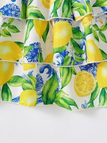 SHEIN 女童两件套时尚黄色交叉吊带背心+柠檬印花泡泡裙套装，时尚休闲沙滩夏季套装 - 黃色 - 查看 3